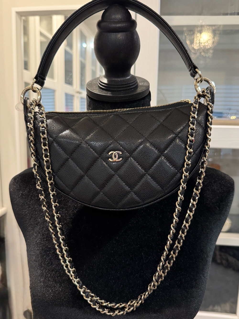 CHANEL Black Quilted Half Moon Shoulder Bag with Chain Strap Champagne Hardware
